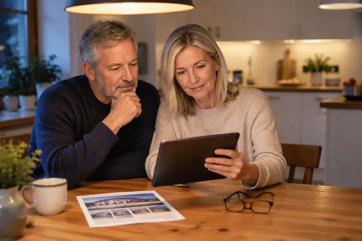 Ein Eigentümerpaar sitzt abends am Küchentisch und sieht sich gemeinsam auf einem Tablet die Website eines Maklerbüros an.