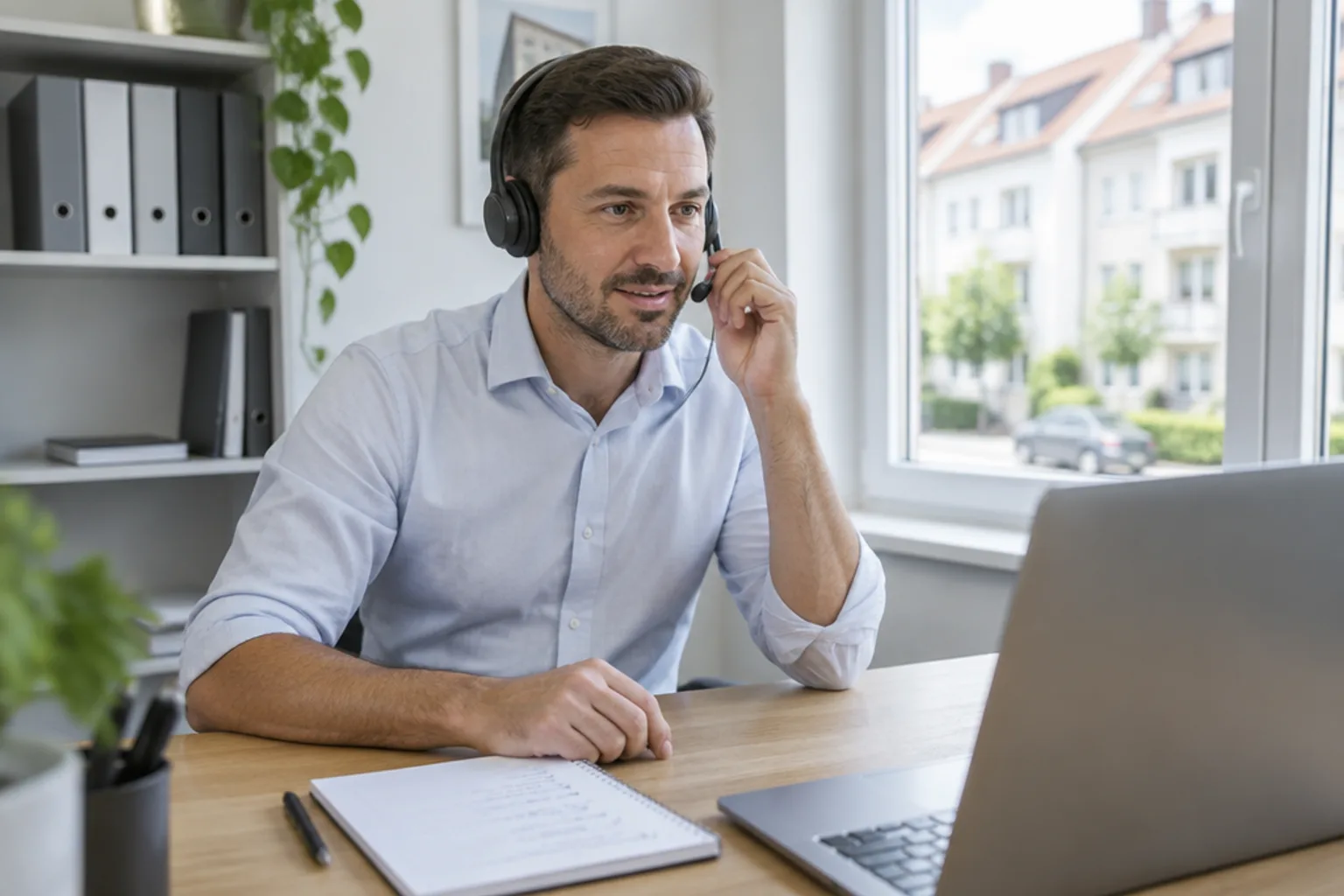 Ein Makler telefoniert mit Headset an seinem Schreibtisch, vor ihm ein Notizblock und ein Laptop, draußen eine Wohnstraße.