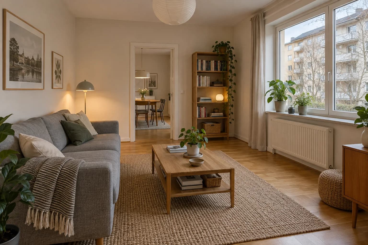 Wohnzimmer mit geraden Türrahmen, Fenster rechts und sichtbarem Durchgang zum Essbereich.